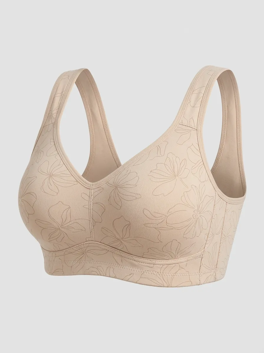 Women's Plus Size Beige Floral Outline V-Neck Wide-Strap Wireless Sports Bra