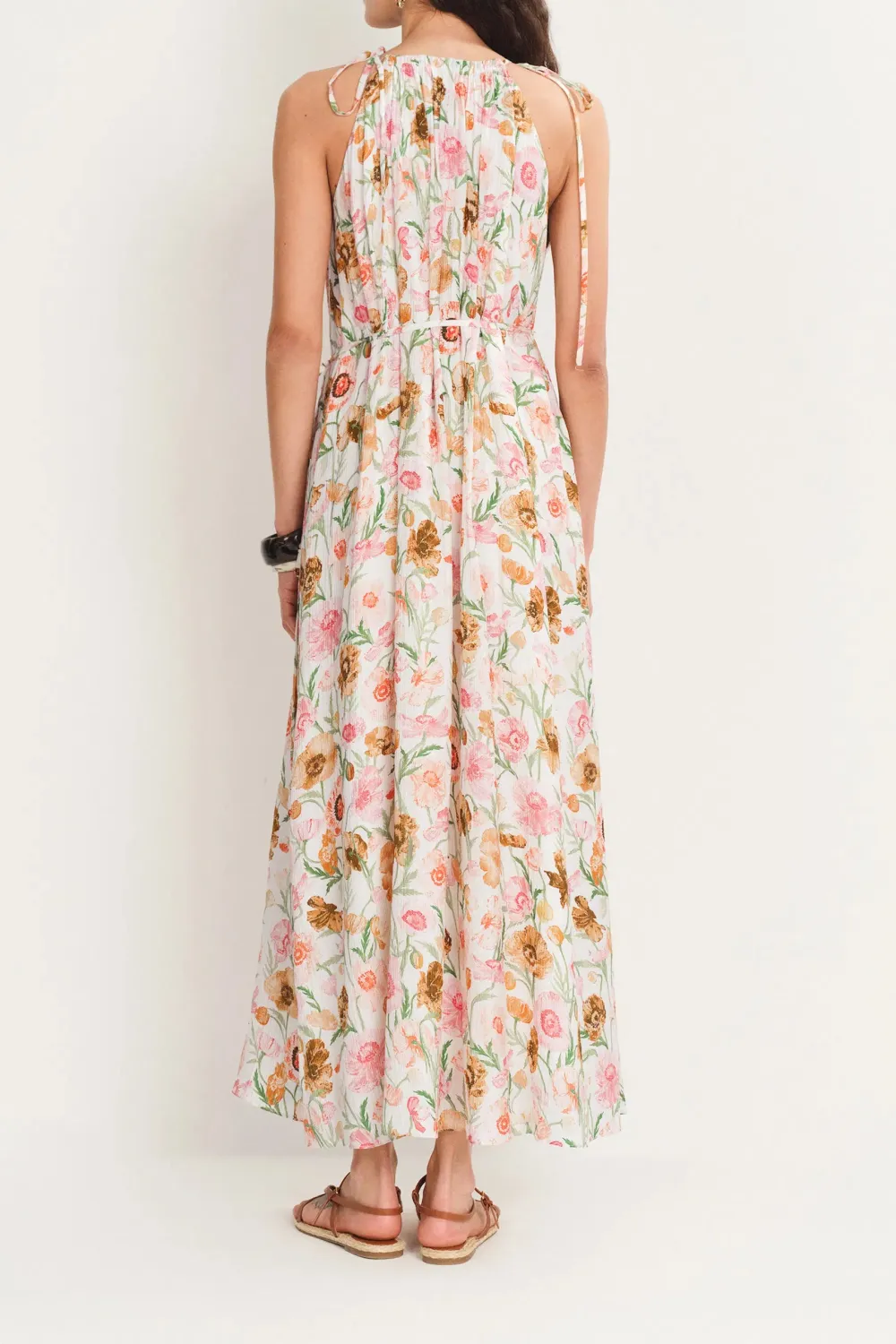 Halter Neck Pleated Floral Silk Blend Maxi Dress