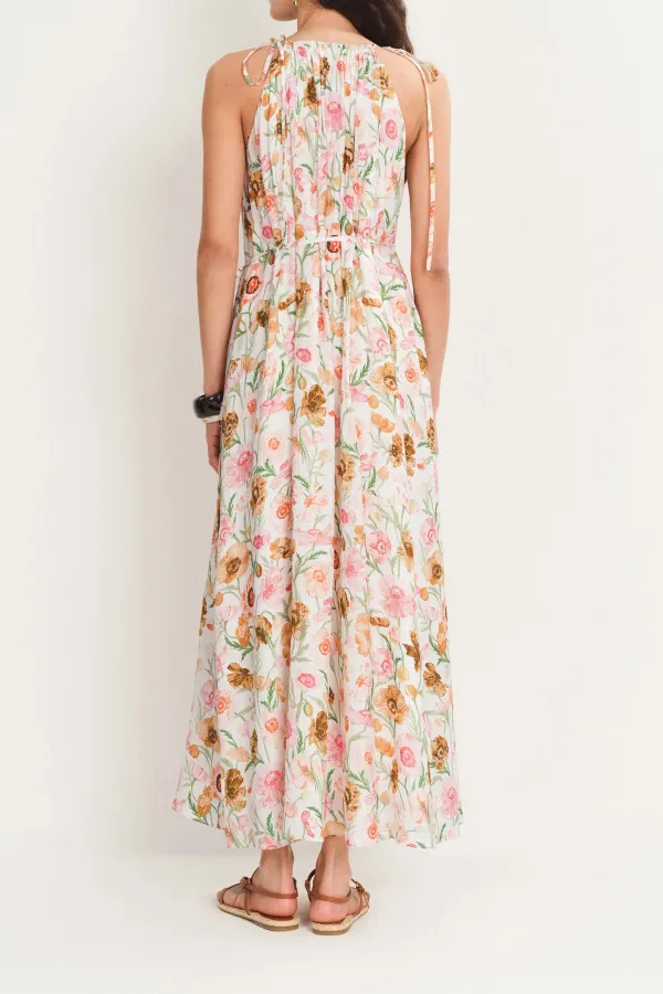 Halter Neck Pleated Floral Silk Blend Maxi Dress