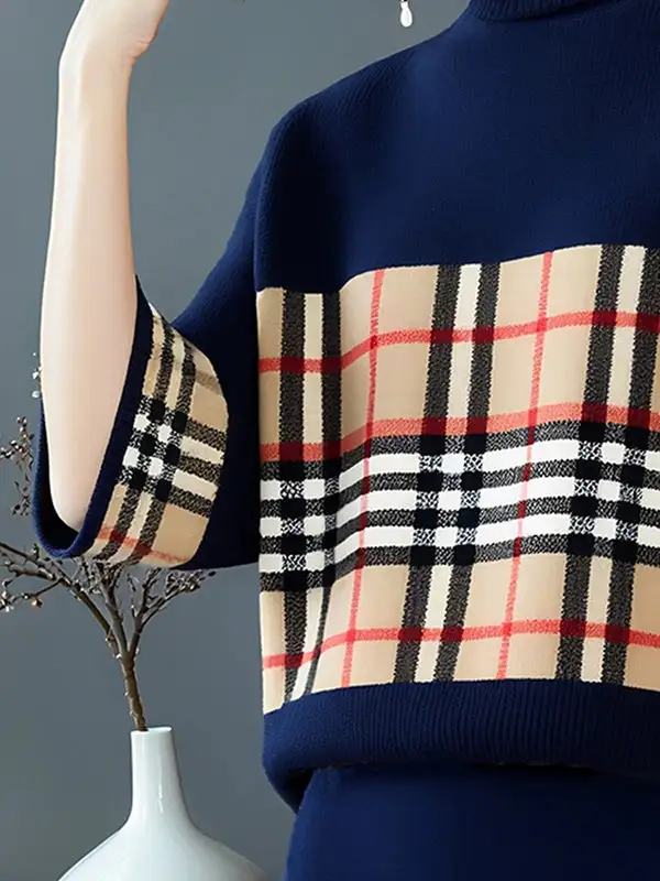 Plaid Elbow Sleeve Relaxed Fit Pullover Sweater