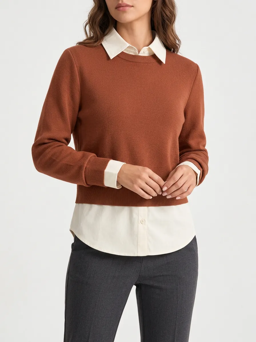 Women's Brown and Red Layered Look Sweatshirt with Layered Look