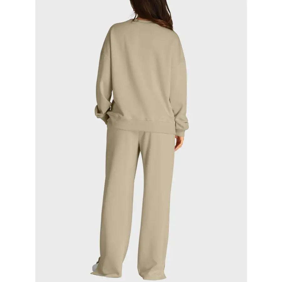 Round Neck Long Sleeve Top and Slit Pants Set