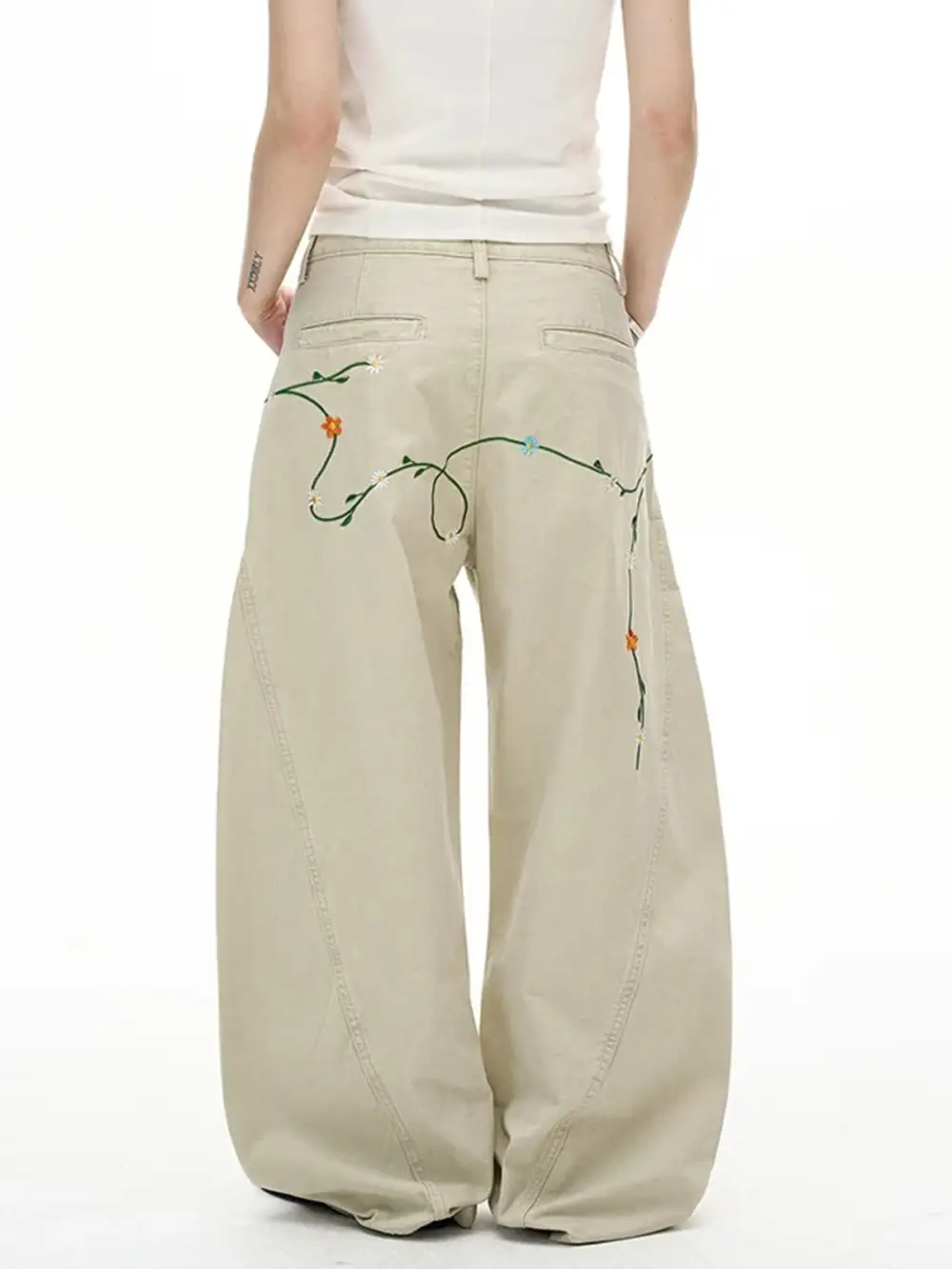 Barrel-Leg Structured Contrast-Detail Pants