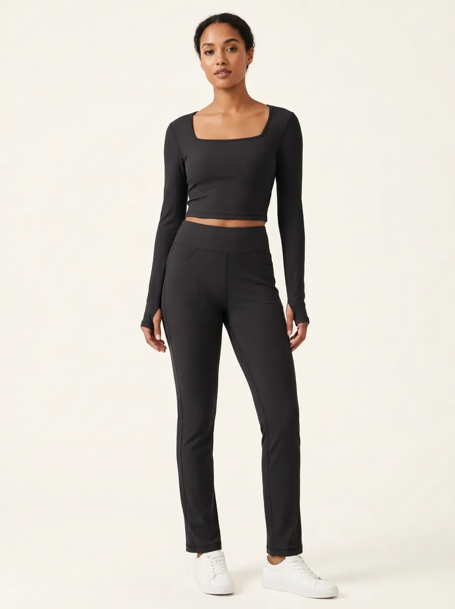 Women's Ribbed Square-Neck Thumbhole Crop Top and Faux-Pocket Trouser Set