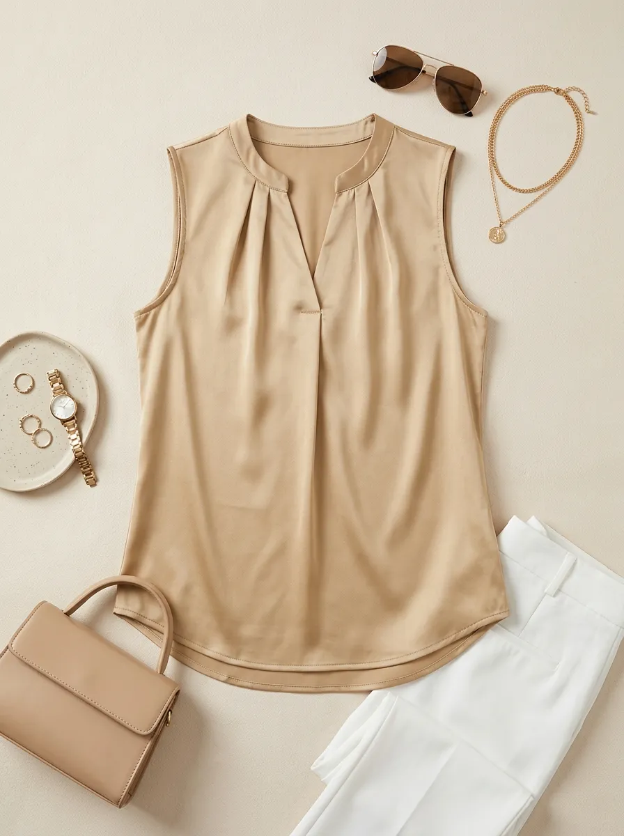 Satin Pleated Sleeveless Top