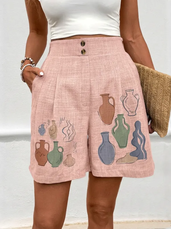 Women's Artistic Pottery Lover Ceramic Vase Printed Shorts
