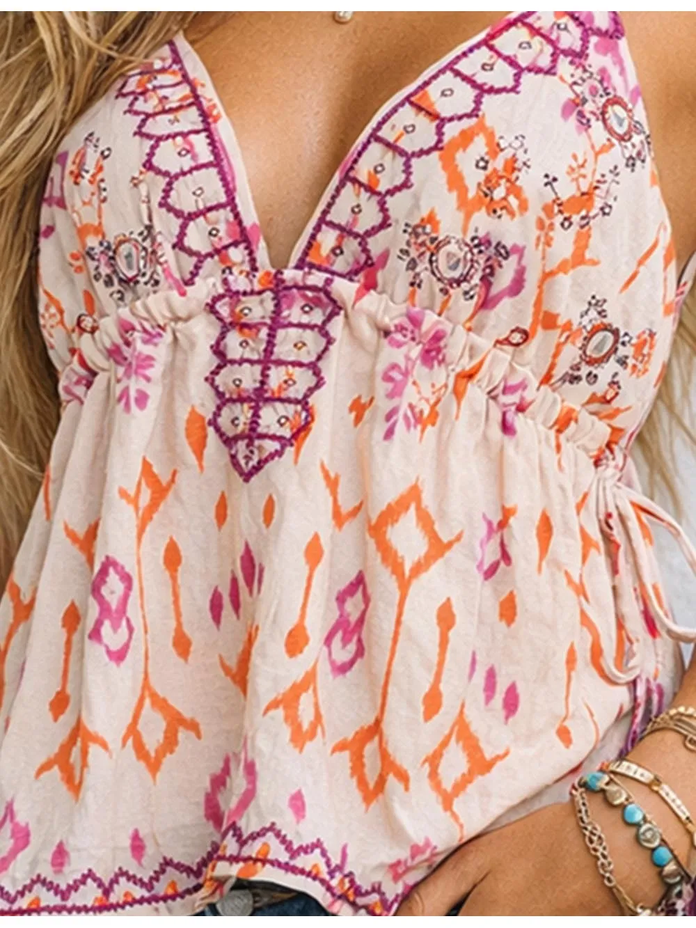 Boho V Neck Embroidery Drawstring Cami Top