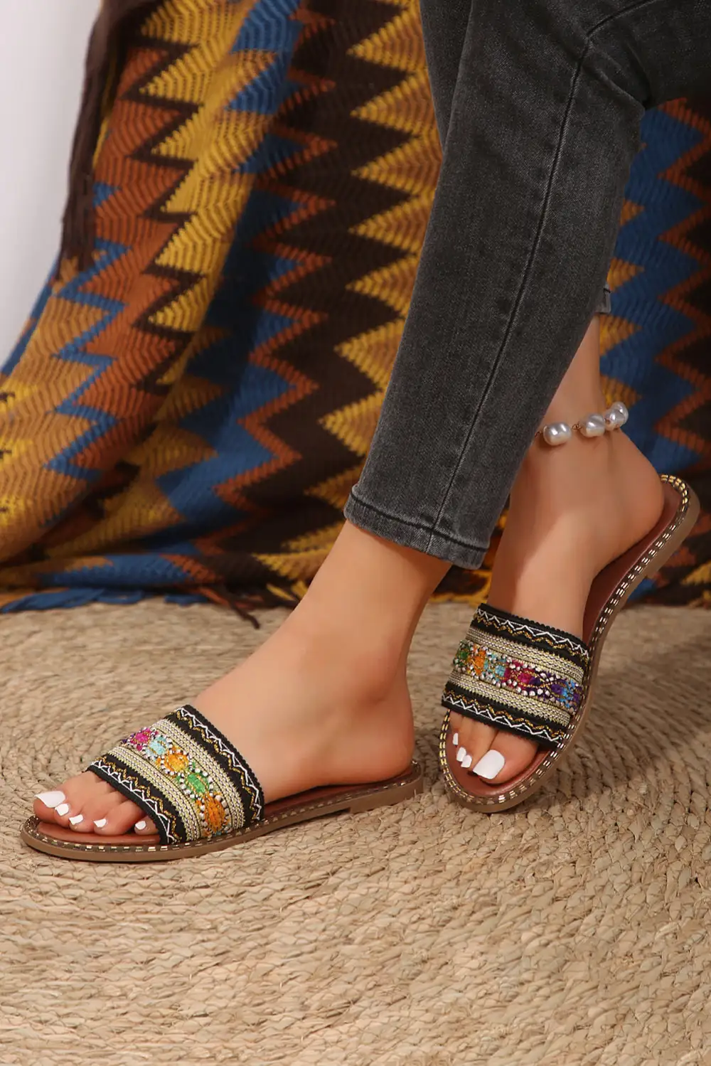Bohemian Pattern Crochet Faux Leather Beach Slide Slippers