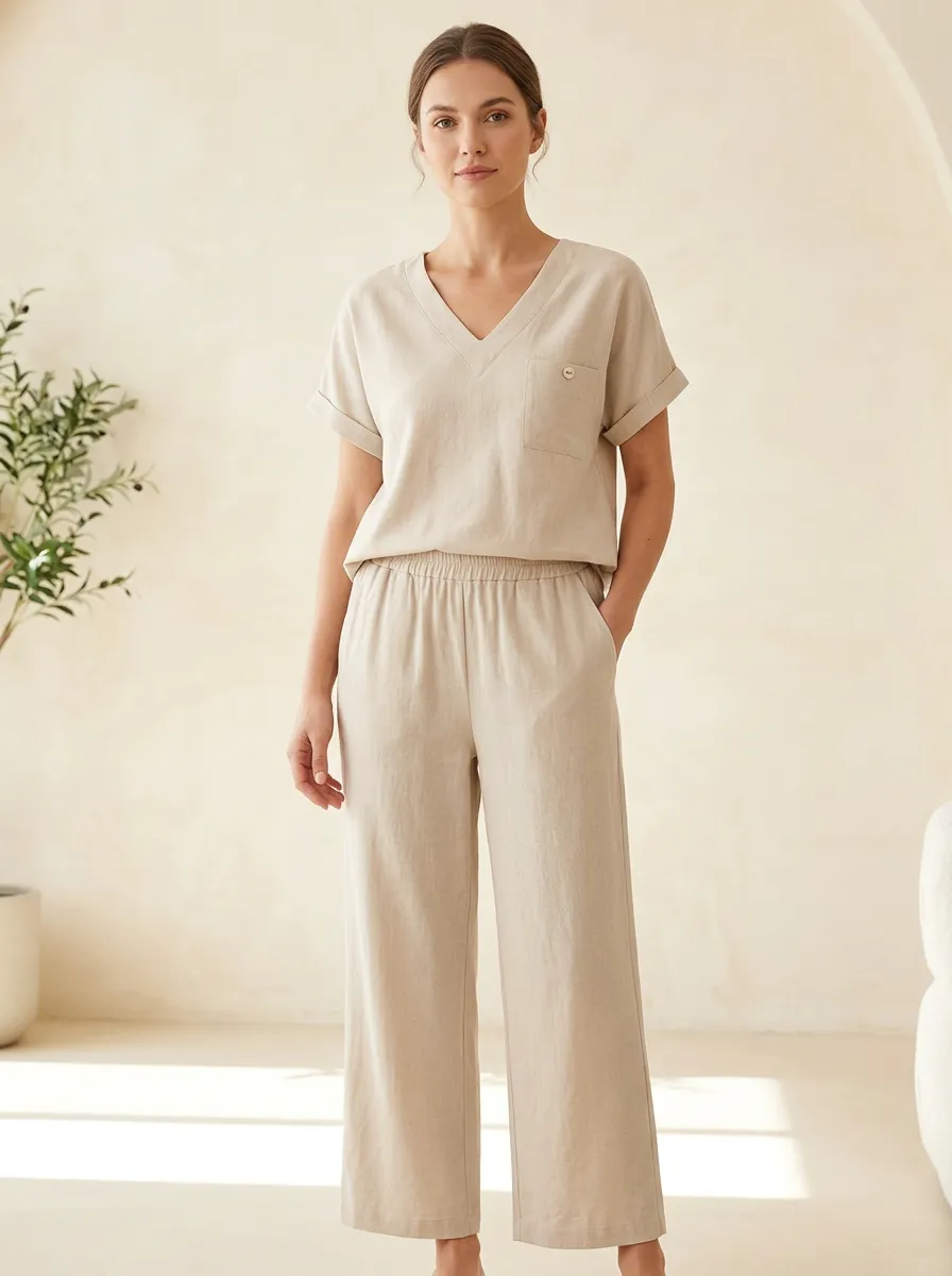 Short-Sleeve Button-Front Linen-Blend Women's V-Neck Shirt