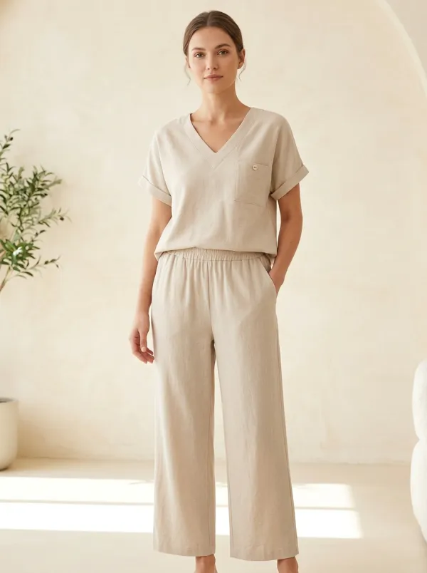 Short-Sleeve Button-Front Linen-Blend Women's V-Neck Shirt
