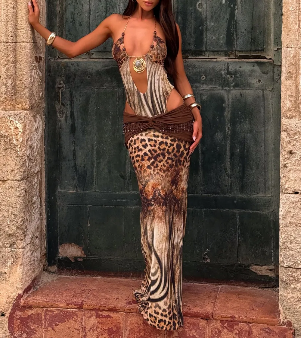 Printed Beaded Fringe Maxi Skirt