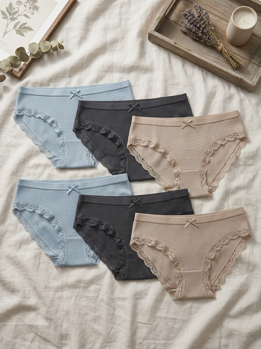 Women's Waffle Knit Lace Trim Bow Detail Printed 6-Piece Panty Set