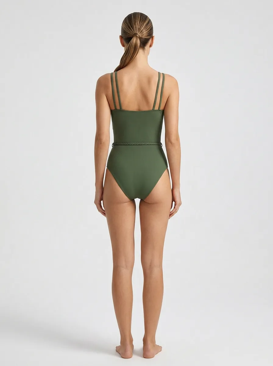 Women's Resort-Inspired Spaghetti-Strap Belted Ribbed One-Piece Swimsuit