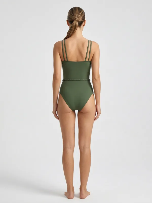 Women's Resort-Inspired Spaghetti-Strap Belted Ribbed One-Piece Swimsuit