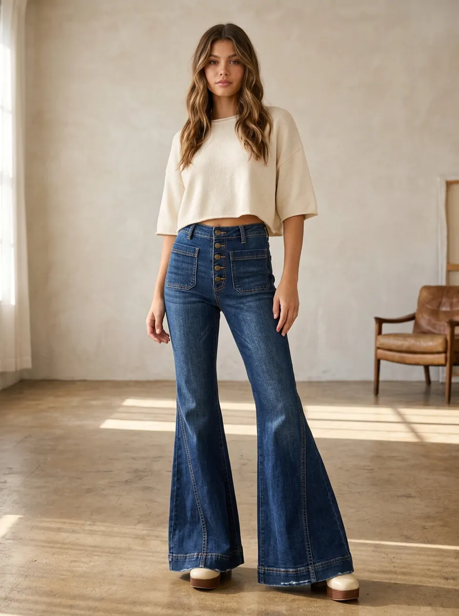 Women's Vintage Style High Waisted Button Front Flare Jeans