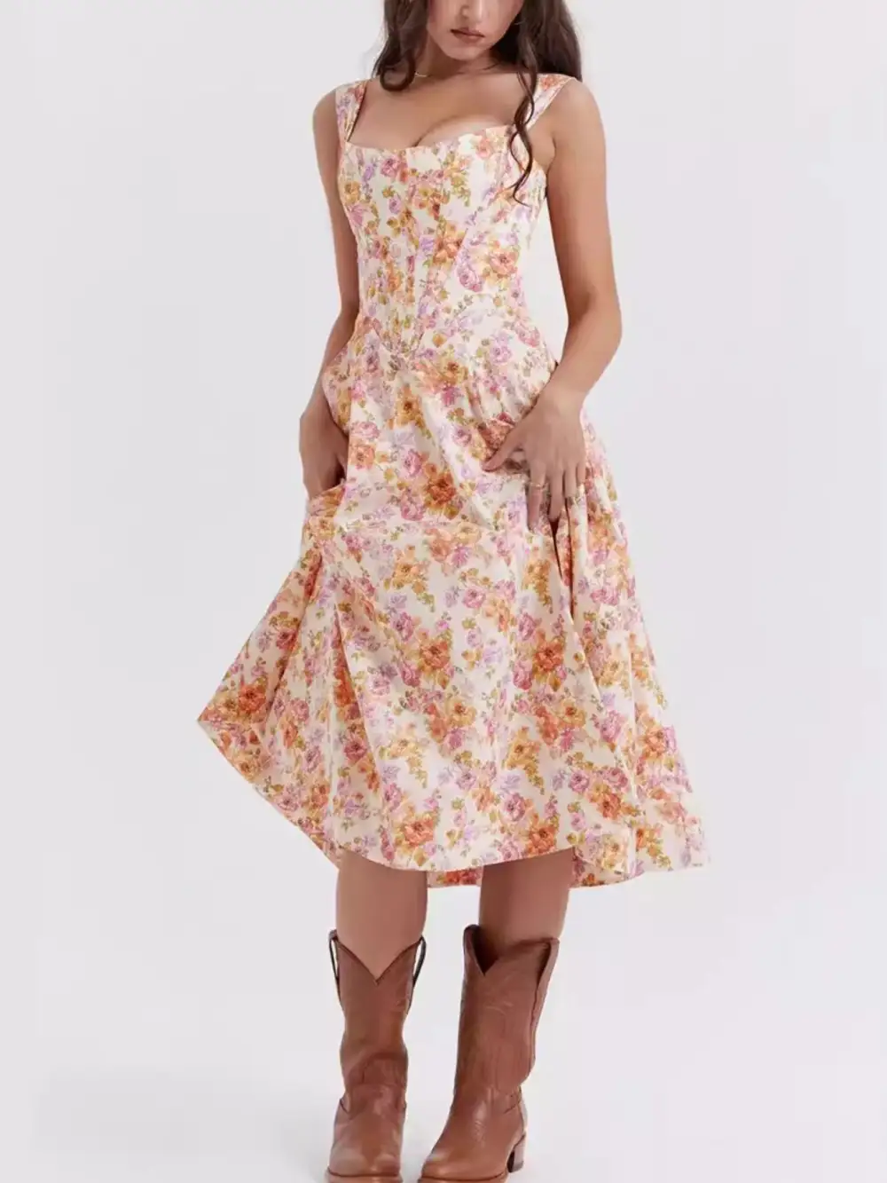 Drape Floral Printed Slit Midi Dress