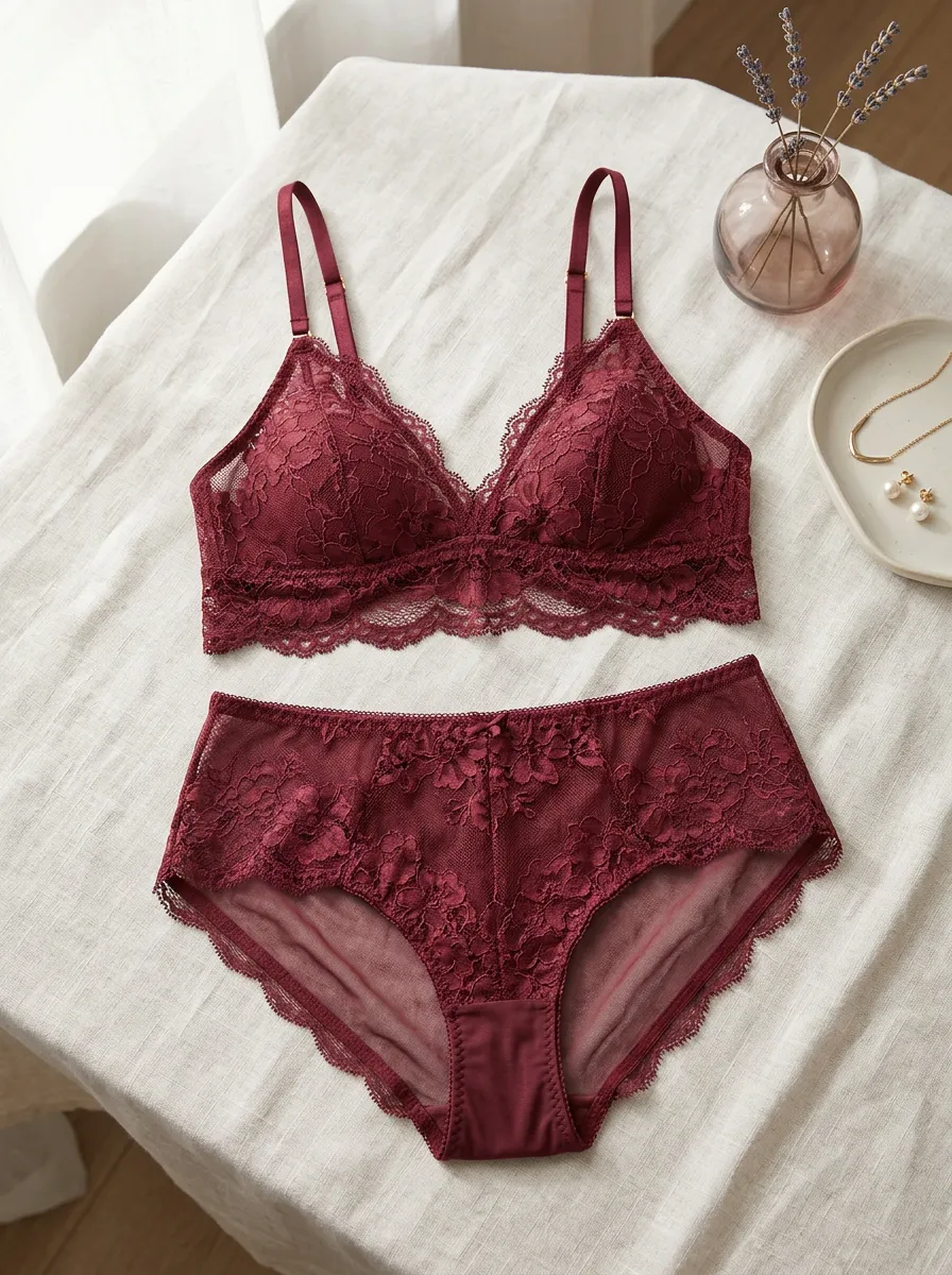 Women's Floral Lace Embroidered Floral Elastic Underband Lingerie Set