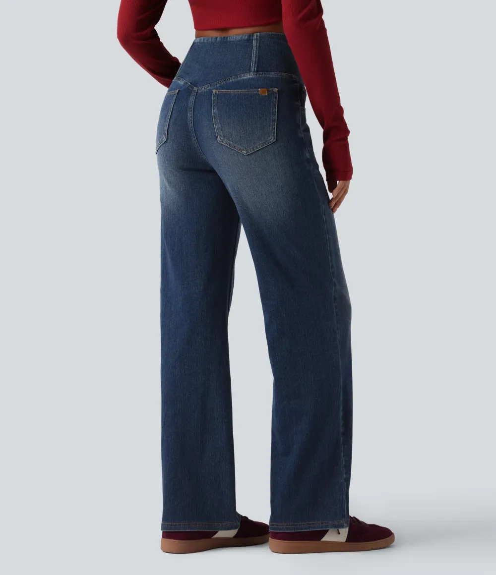 High-waisted, relaxed, crossover straight-leg jeans with  pockets