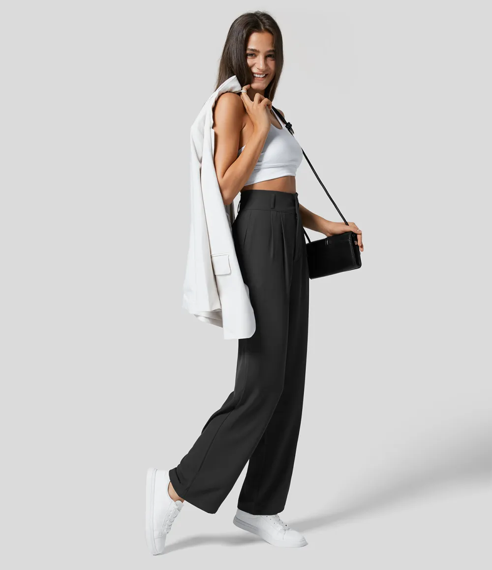 High Waisted Button Zipper Plicated Side Pocket Shirred Straight Leg Work Pants