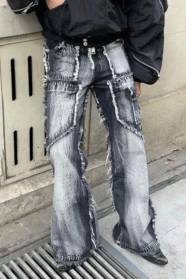 Grey High-Waist Tassel Jeans