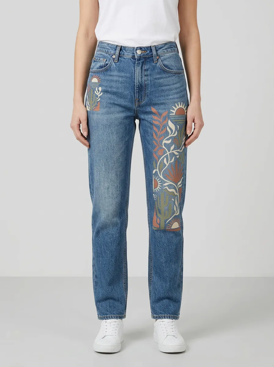 Women's Boho Desert Cactus Sun Printed Straight Leg Jeans