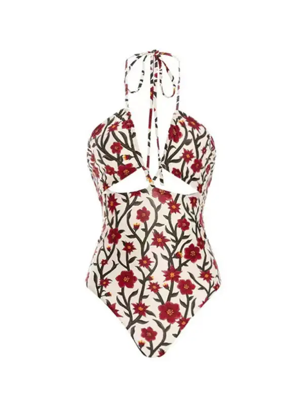 Hollow Lace Halterneck Skirted Gauze Swim Dress
