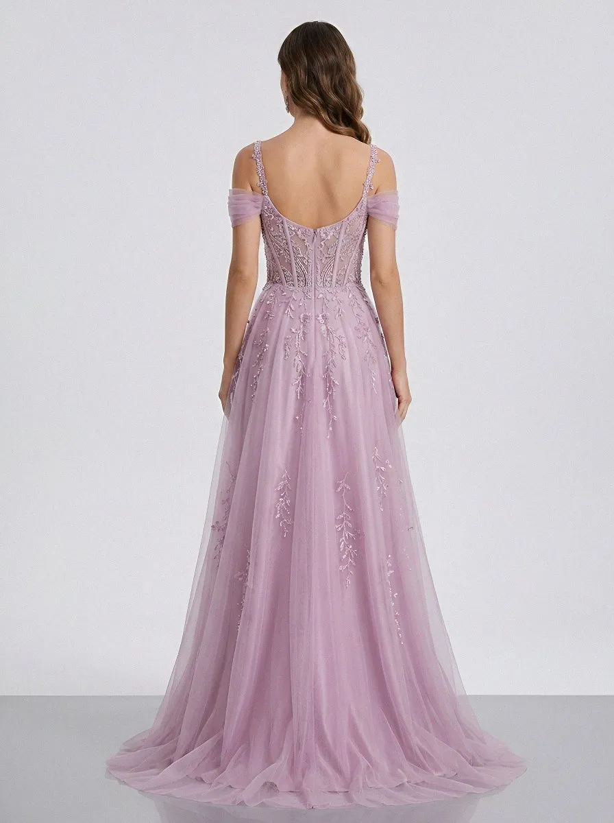 Women's Floral Beaded Tulle Embroidered Evening Gown