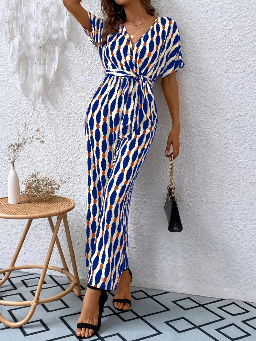 Printed Surplice Tie Waist Short Sleeve Shorts