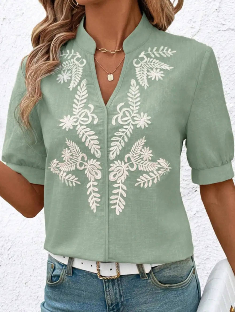 Everyday V Neck Embroidered Blouse