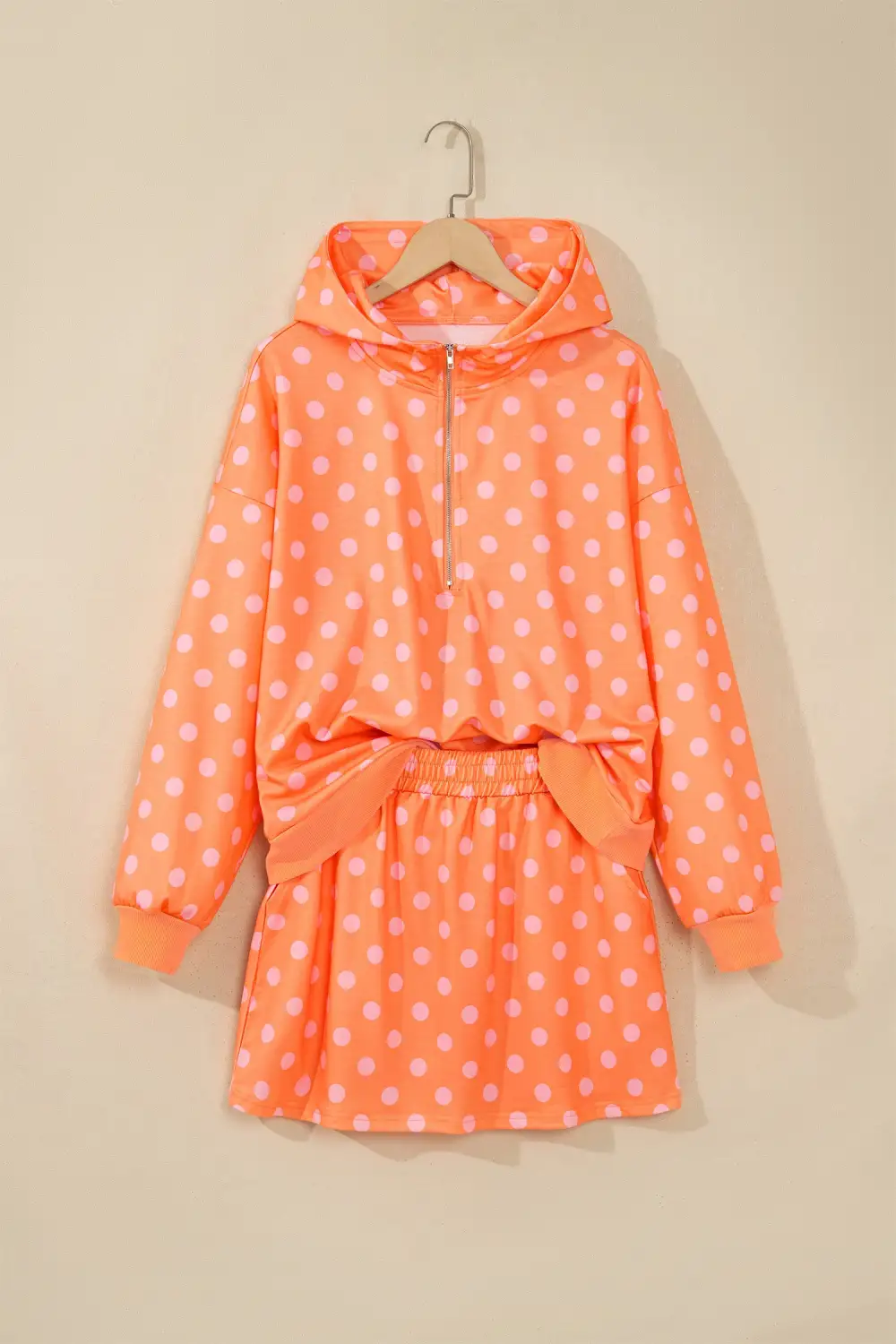 Women's Polka Dot Hooded Long Sleeve Top Casual Mini Skort Set