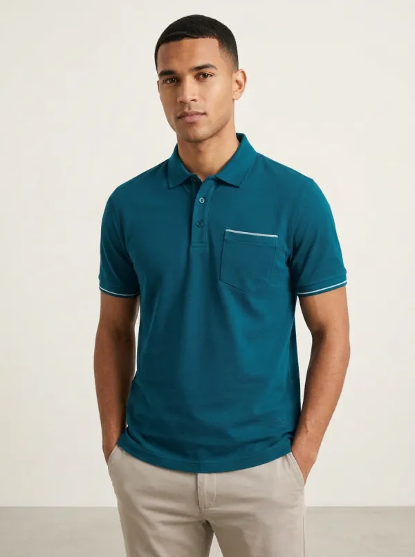 Men's Navy Blue Contrast Trim Pocket Printed Polo Shirt