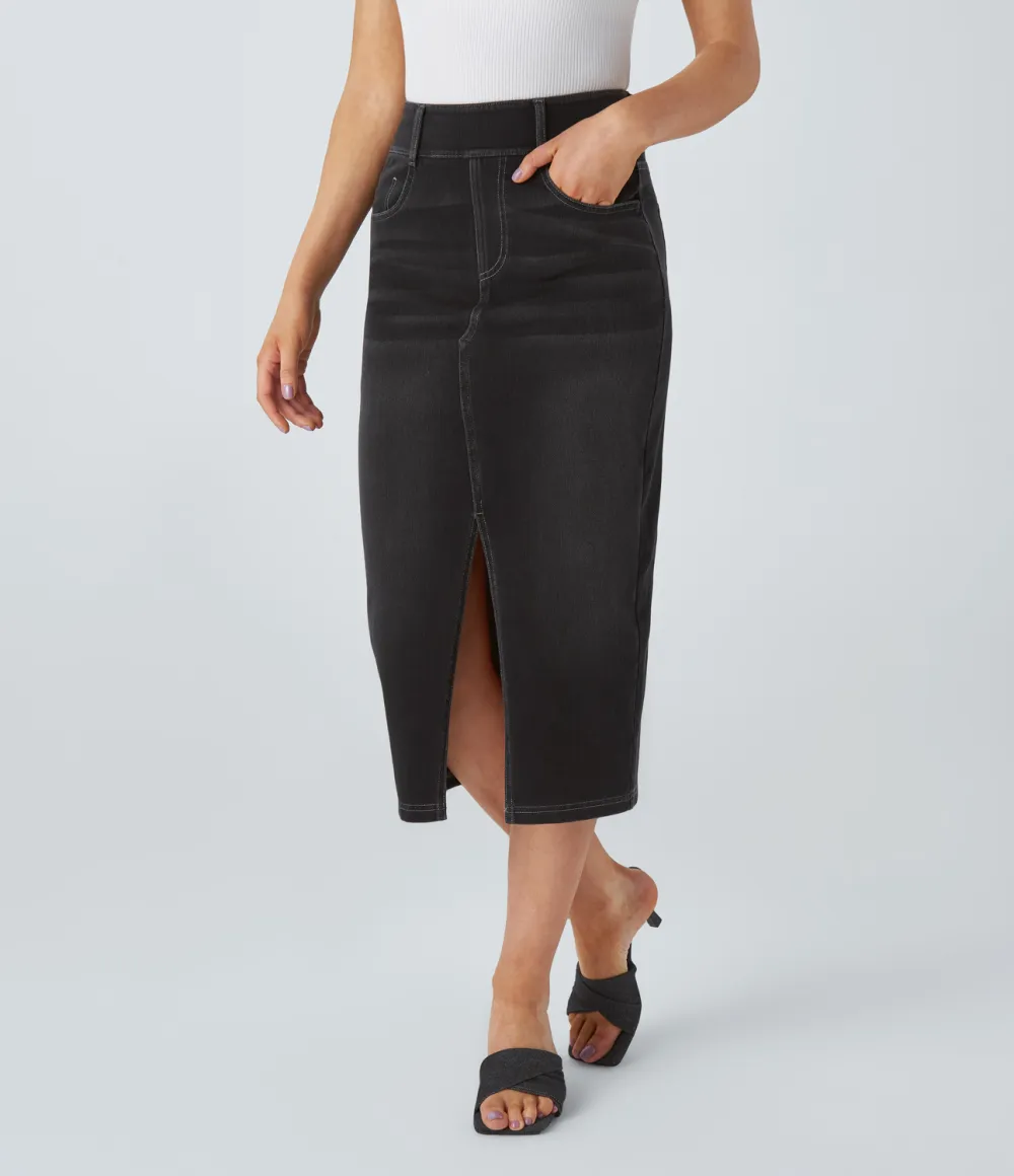 Magic High Waisted Multiple Pockets Bodycon Split Washed Stretchy Knit Denim Casual Midi Skirt