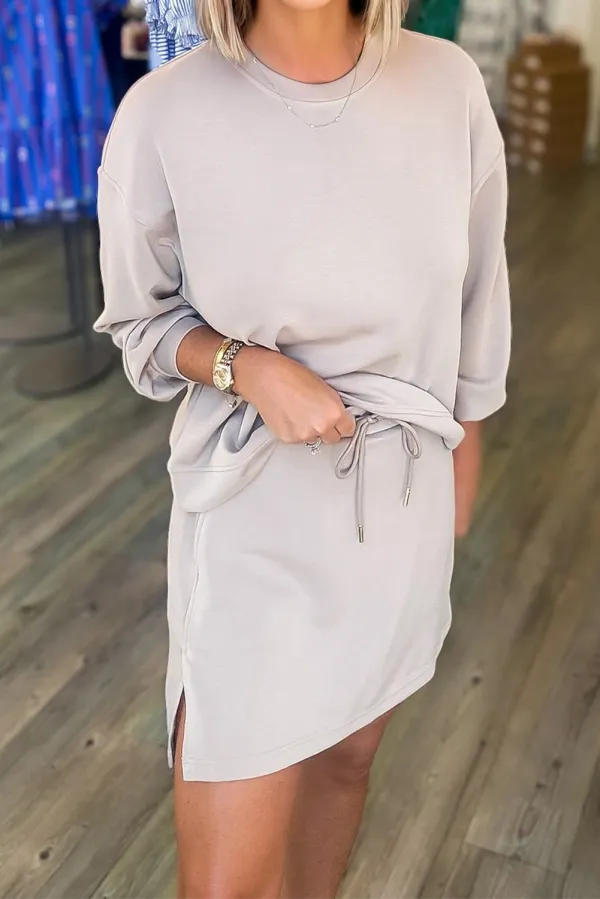 Women's Solid Color Drop Shoulder Pullover Drawstring Mini Skirt Two Piece Outfit