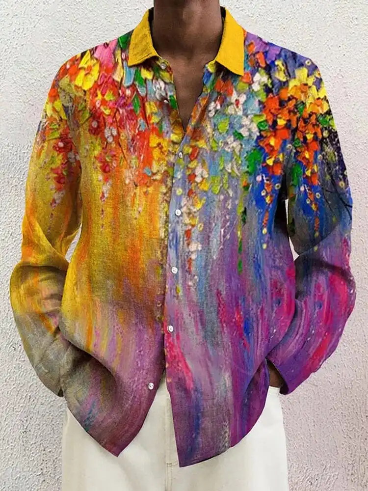 Open Collar Cotton Linen Printed Shirt