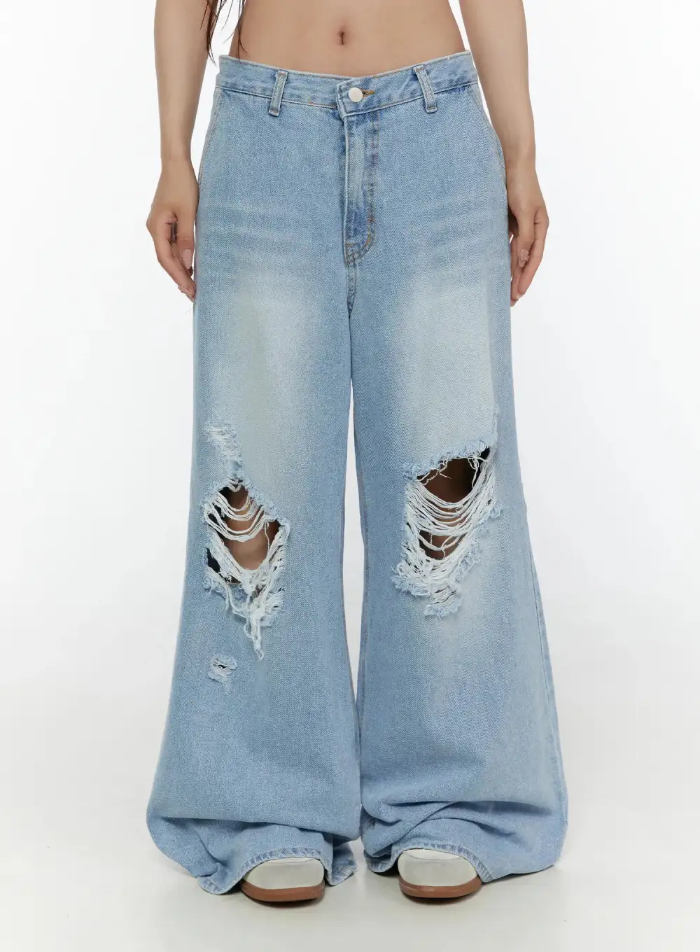 Washed Distressed Wide Leg Jeans