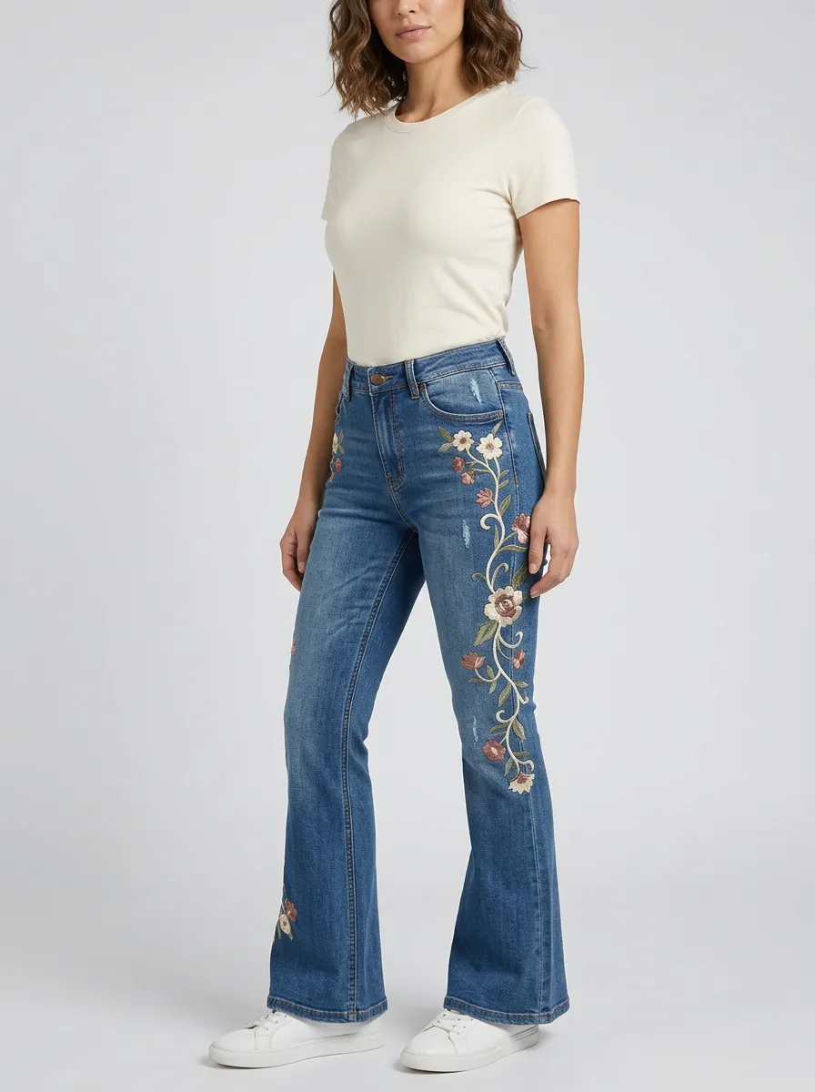Women's Medium Wash Floral Embroidery Distressed Flare Jeans