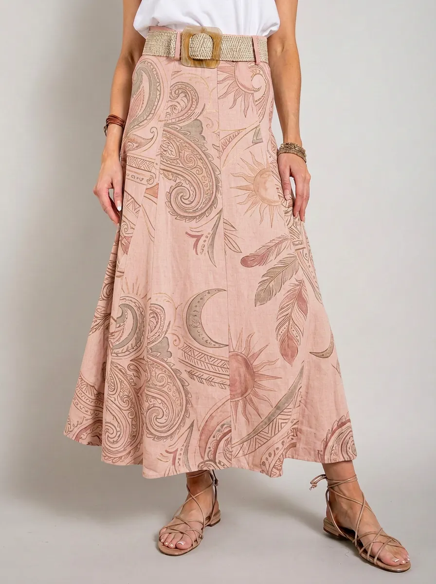 Women's Boho Celestial Paisley Feather Printed Midi Skirt