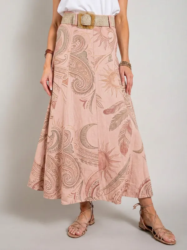 Women's Boho Celestial Paisley Feather Printed Midi Skirt