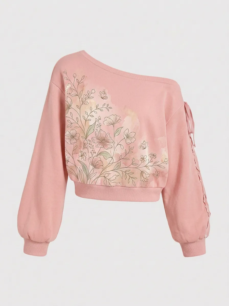 Women's Floral Butterfly Watercolor Printed Off-Shoulder Sweatshirt
