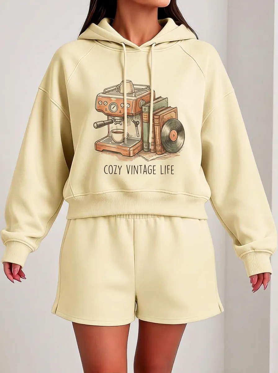 Women's Coffee Vintage Books Vinyl Graphic Hoodie