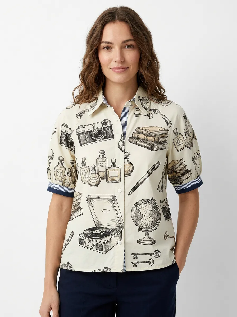 Women's Vintage Hobby Lover Camera Book Globe Graphic Shirt