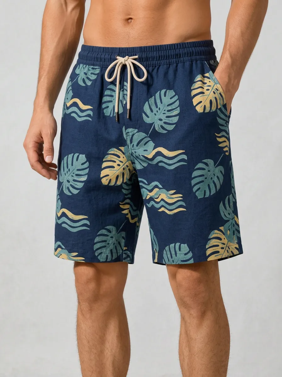 Men's Tropical Beach Lover Monstera Leaf Wave Printed Shorts