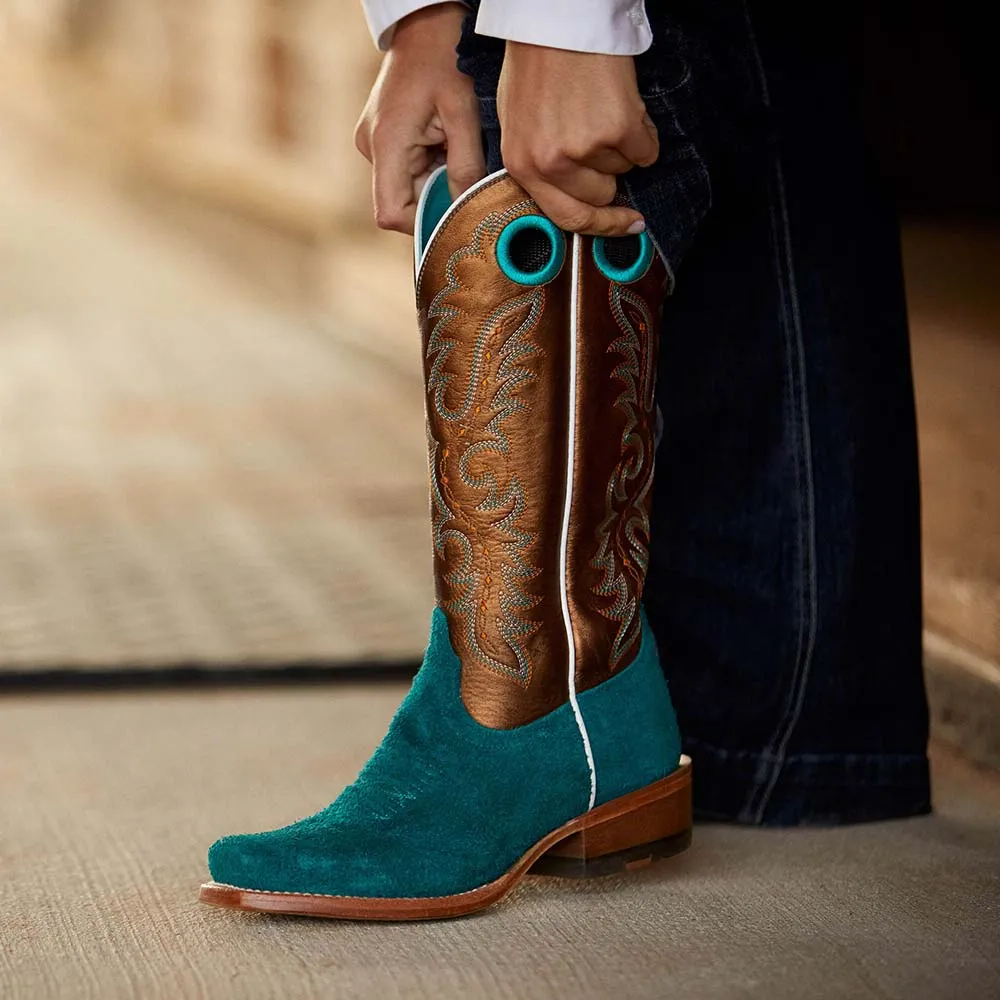 Faux-Suede Faux-Leather Embroidered Square-Toe Mid-Calf Boots