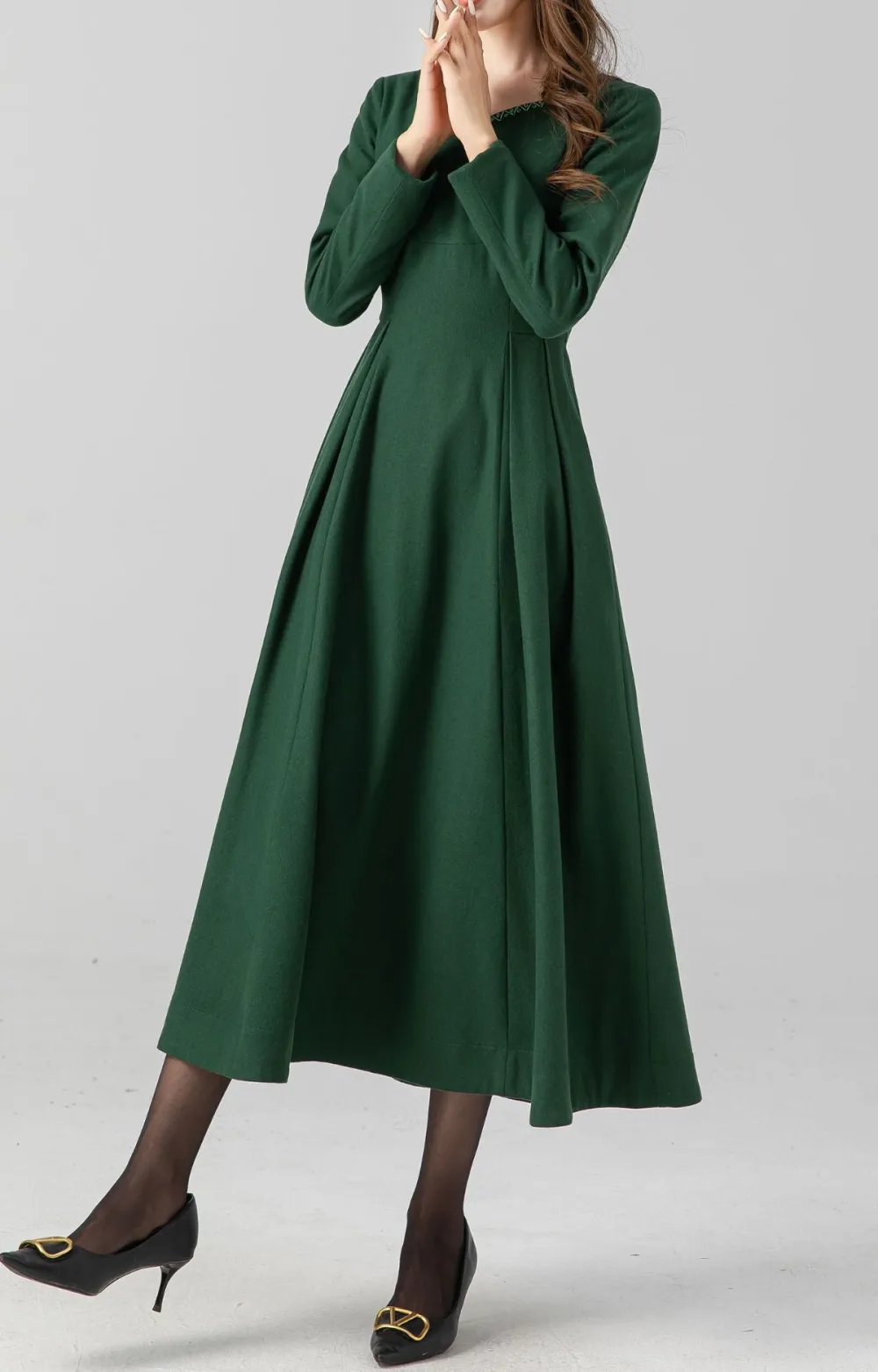 Tailored Wool Blend Fit And Flare Pleated Long Sleeve Midi Dress