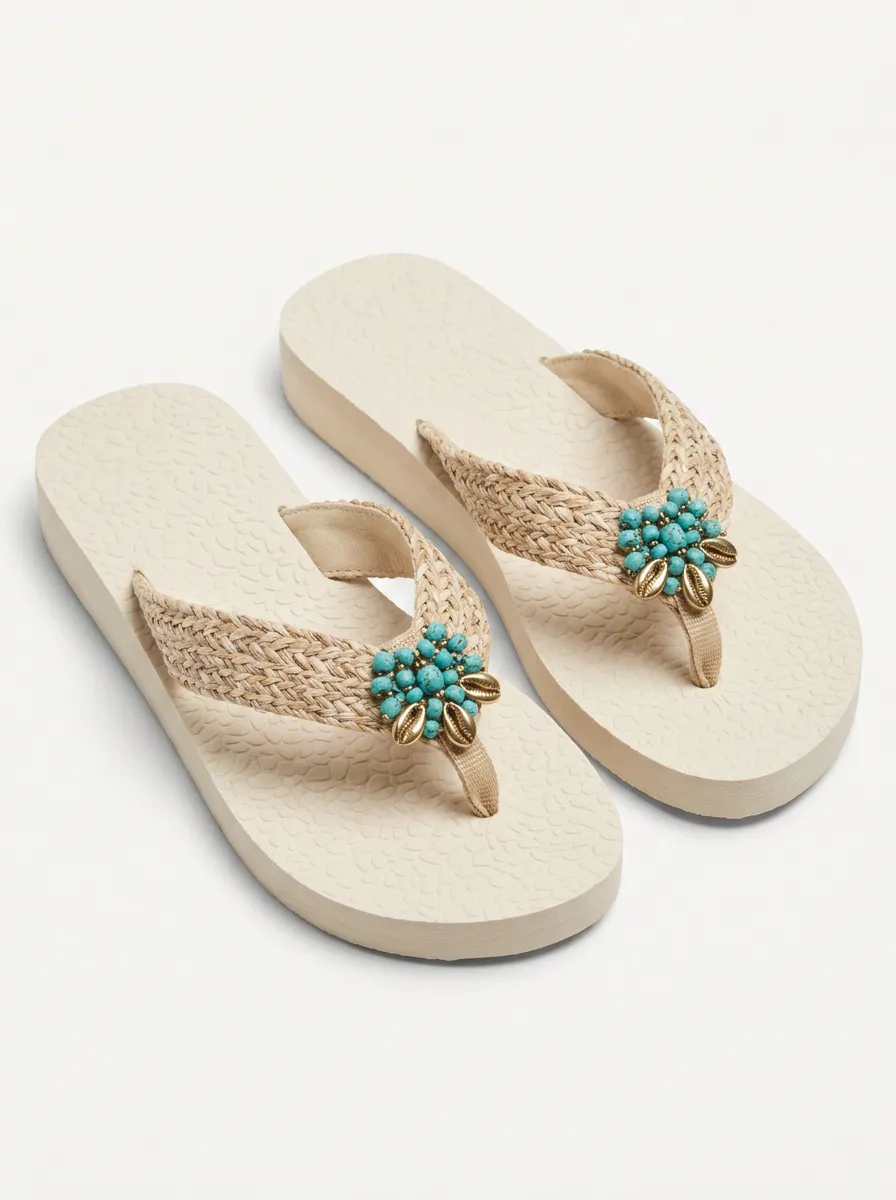 Women's Bohemian Beach Turquoise Beaded Braided Strap Flip Flops