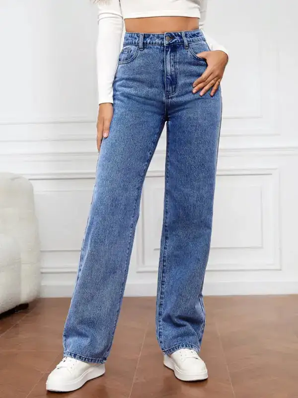 Refined High-Waist Washed Pocketed Straight Leg Jeans