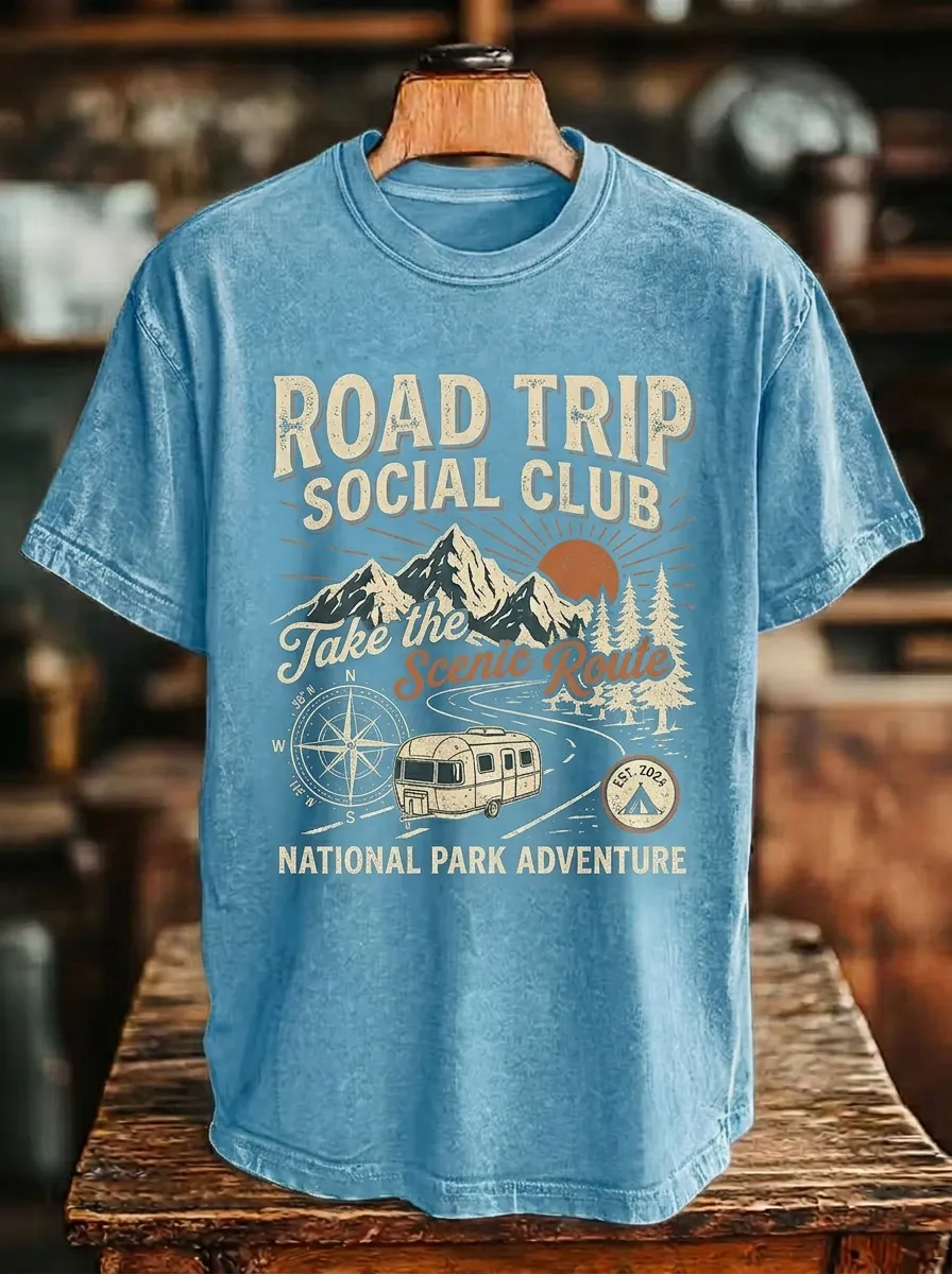 Unisex Road Trip Camper Mountain Printed T-shirt