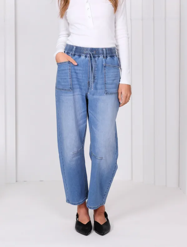 Women's Barrel-Leg Denim Drawstring Jeans