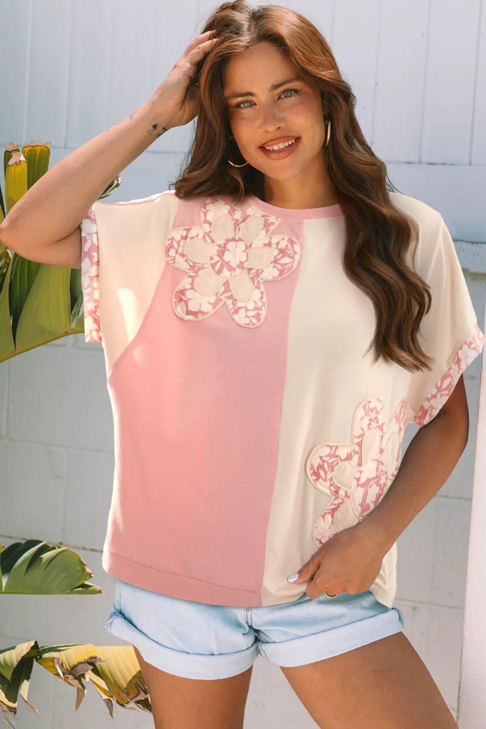 Apricot Block Flower Patched Loose Tee