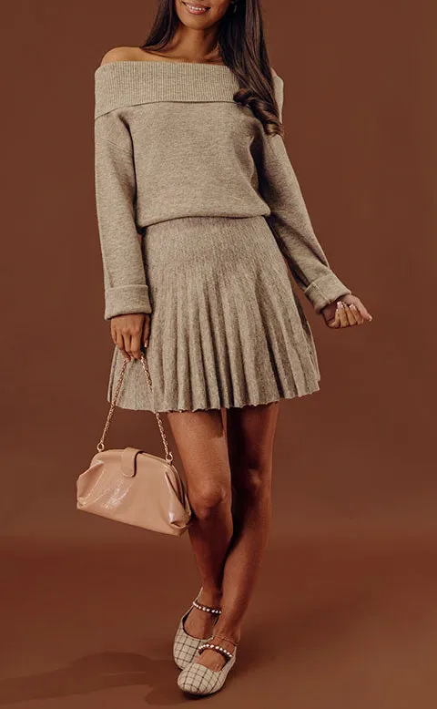Pleated Off-Shoulder Long Sleeve Mini Dress